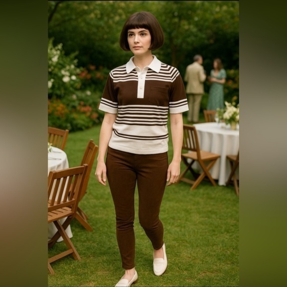 Vintage 70’s Golf  Shirt 👕,buttoned, brown/white/tan stripe, short sleeve.